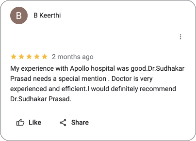 A recent patient shares their experience with Dr. Sudhakar Prasad at Apollo Hospitals.